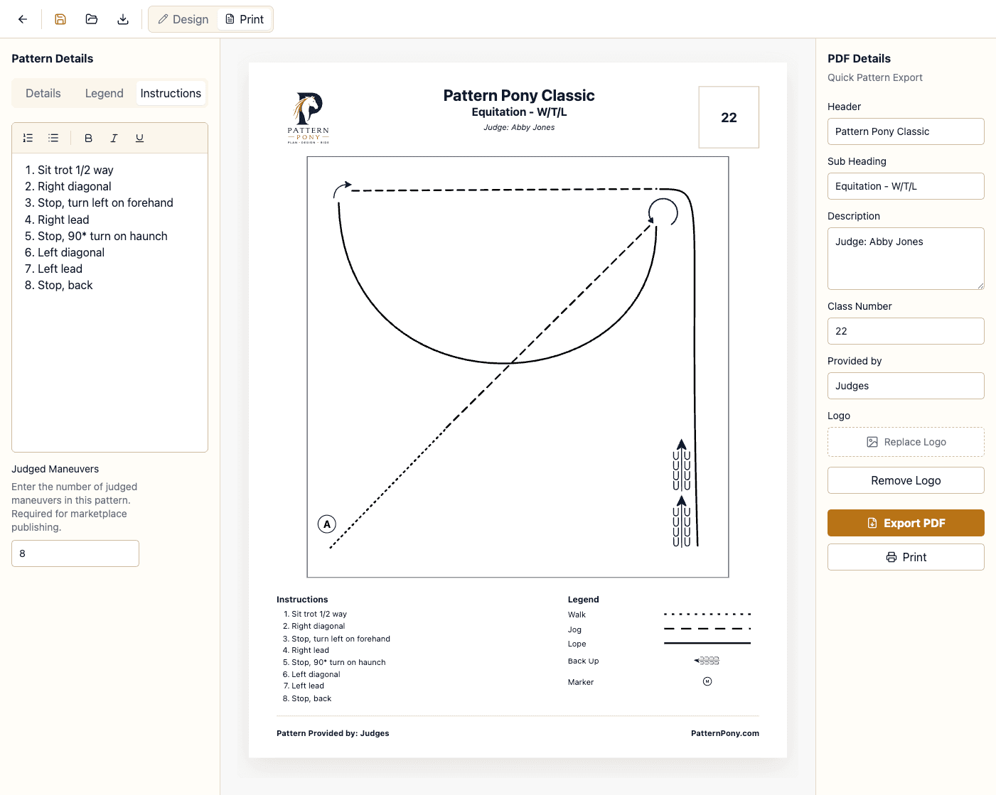 Pattern Pony print preview with equitation instructions, legend, class number, and PDF export controls
