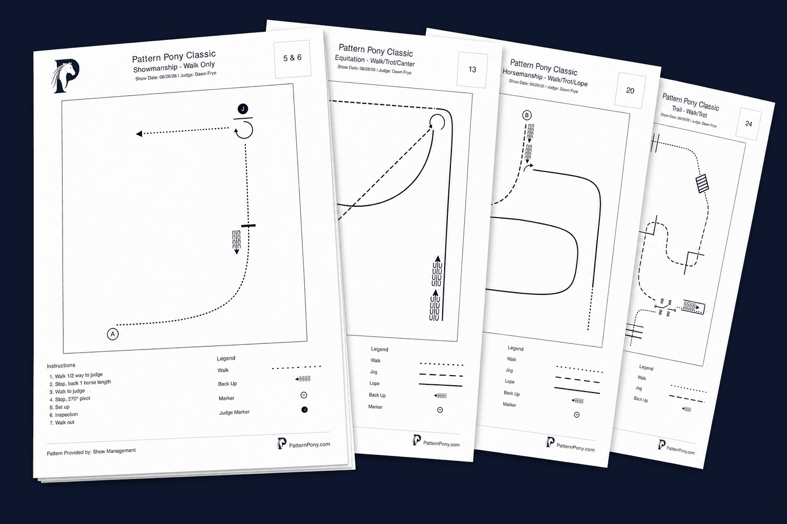 A stack of Pattern Pony Show-book pages exported together from the Show Builder