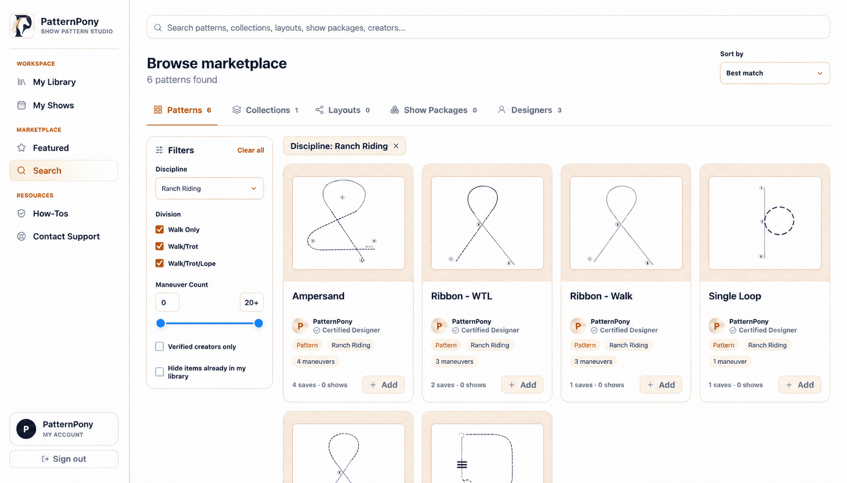 Pattern Pony Marketplace browse screen with filters and member-published Ranch Riding Patterns