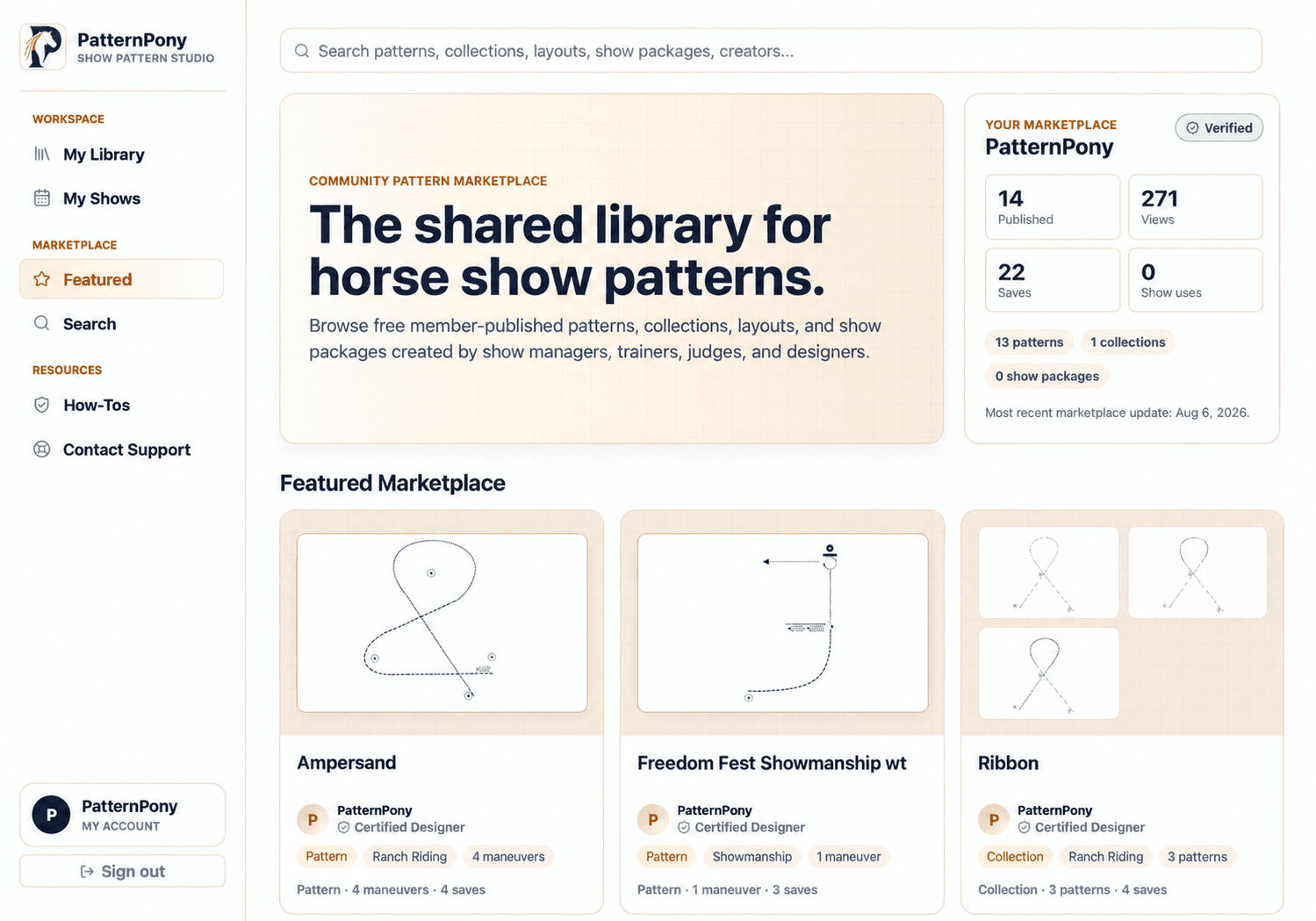 Pattern Pony Featured Marketplace with member-published Patterns and a Collection