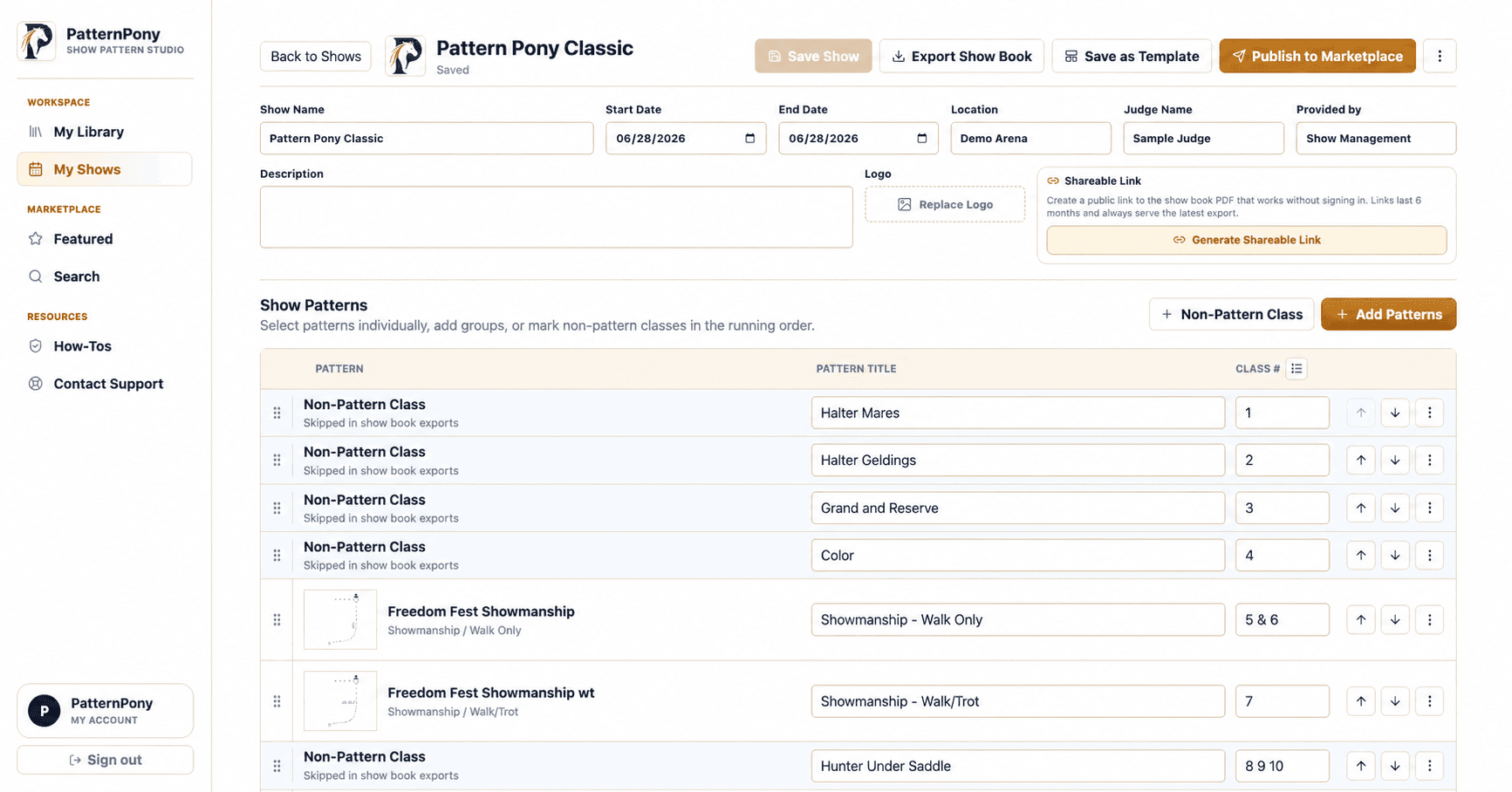 Pattern Pony Show Builder with pattern and non-pattern classes in one running order